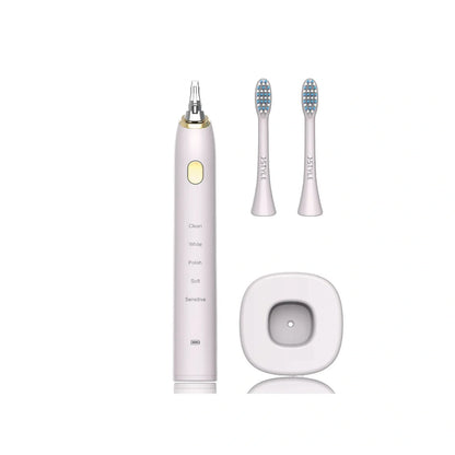 White waterproof electric toothbrush with inductive charging base and 5 nursing mode settings