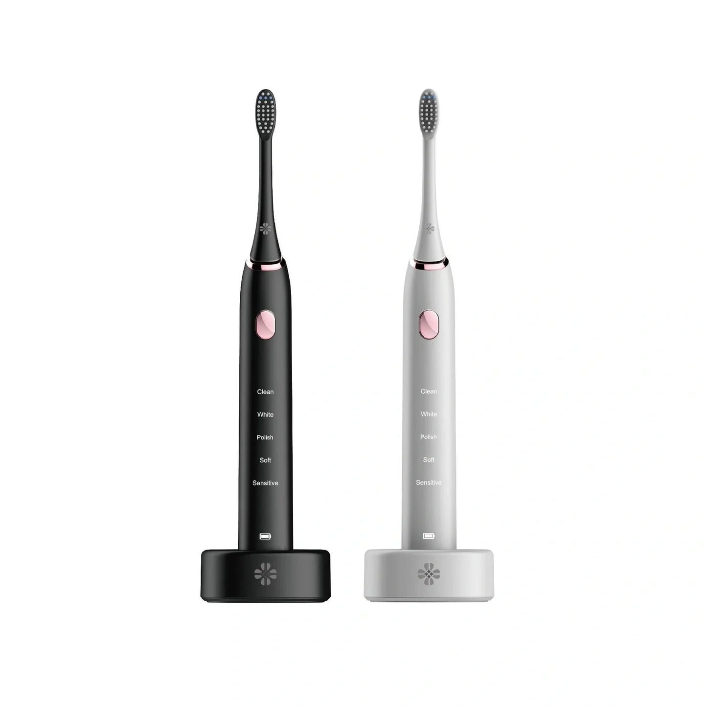White waterproof electric toothbrush with inductive charging base and 5 nursing mode settings