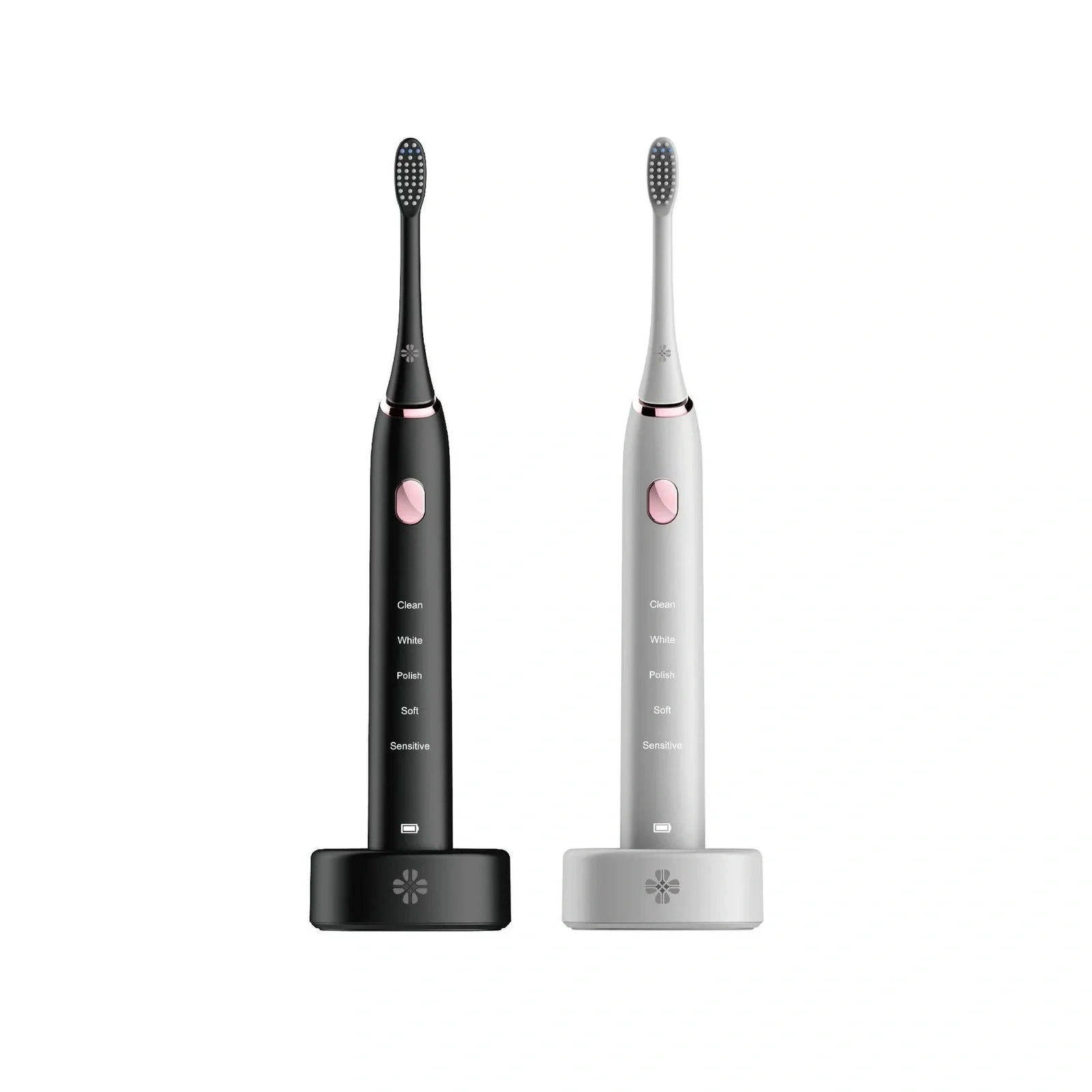 White waterproof electric toothbrush with inductive charging base and 5 nursing mode settings