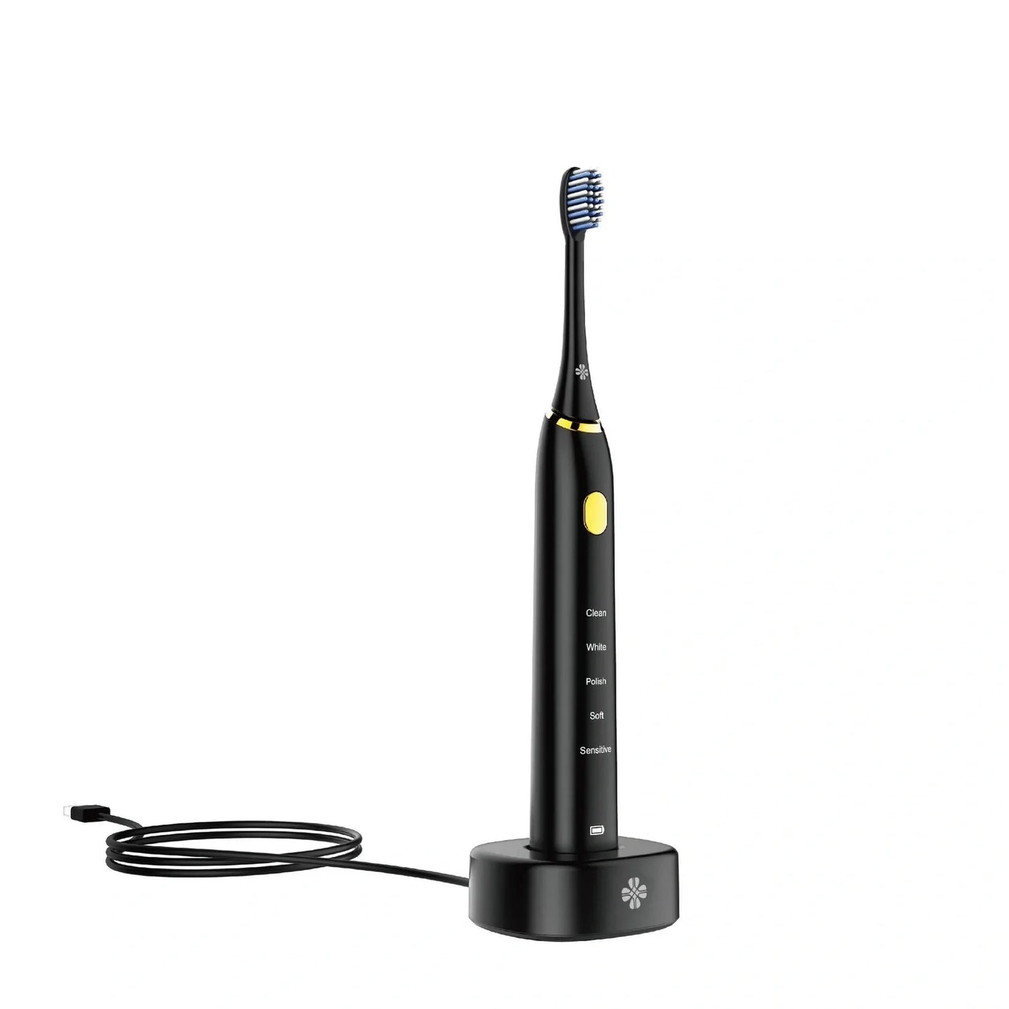 White waterproof electric toothbrush with inductive charging base and 5 nursing mode settings