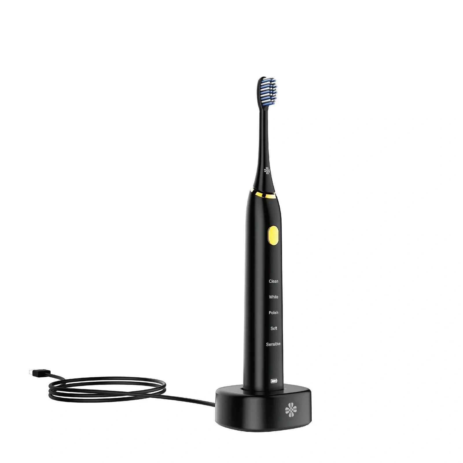 White waterproof electric toothbrush with inductive charging base and 5 nursing mode settings