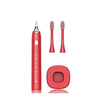 White waterproof electric toothbrush with inductive charging base and 5 nursing mode settings