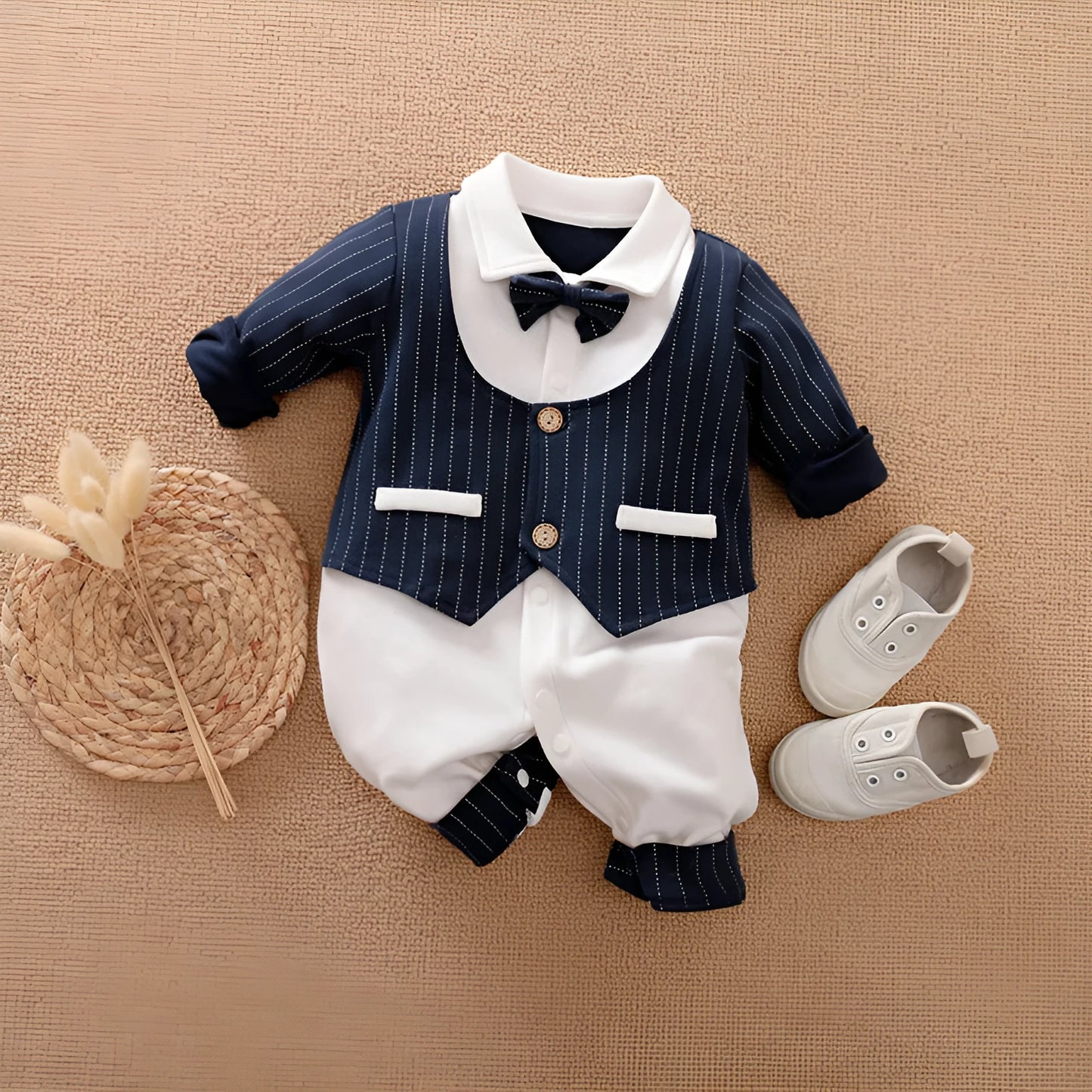 Baby boy in a navy blue long-sleeved cotton jumpsuit with a gentleman-style collar.