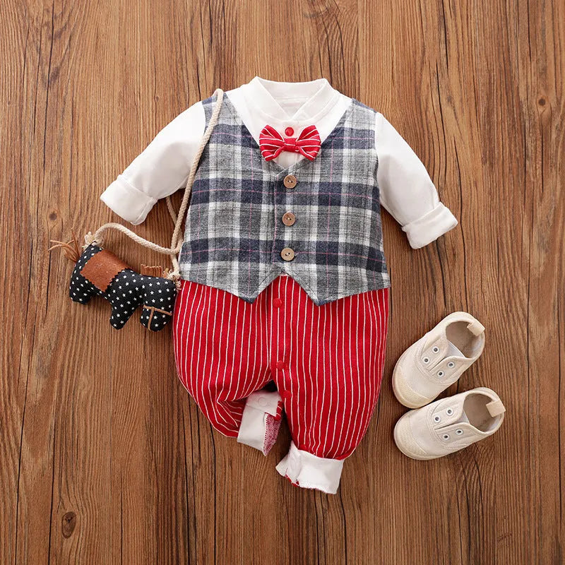 Baby boy in a navy blue long-sleeved cotton jumpsuit with a gentleman-style collar.