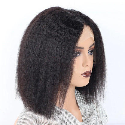 Kinky straight lace front human hair wig showing natural hairline and smooth texture