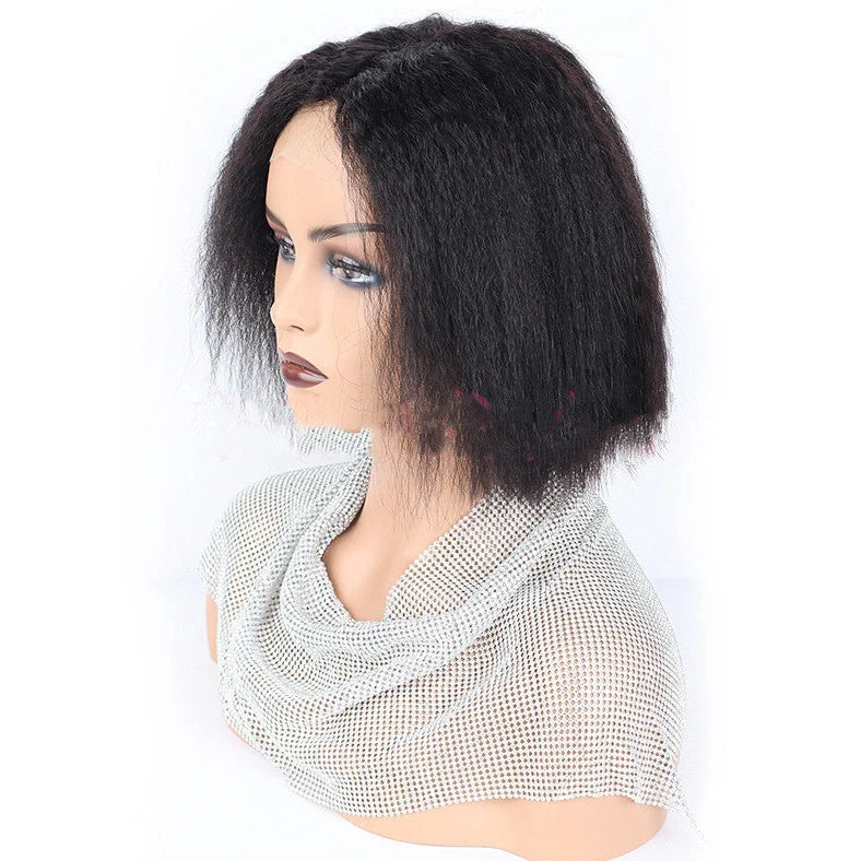 Kinky straight lace front human hair wig showing natural hairline and smooth texture