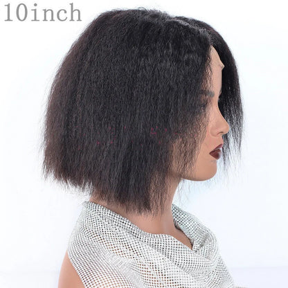 Kinky straight lace front human hair wig showing natural hairline and smooth texture