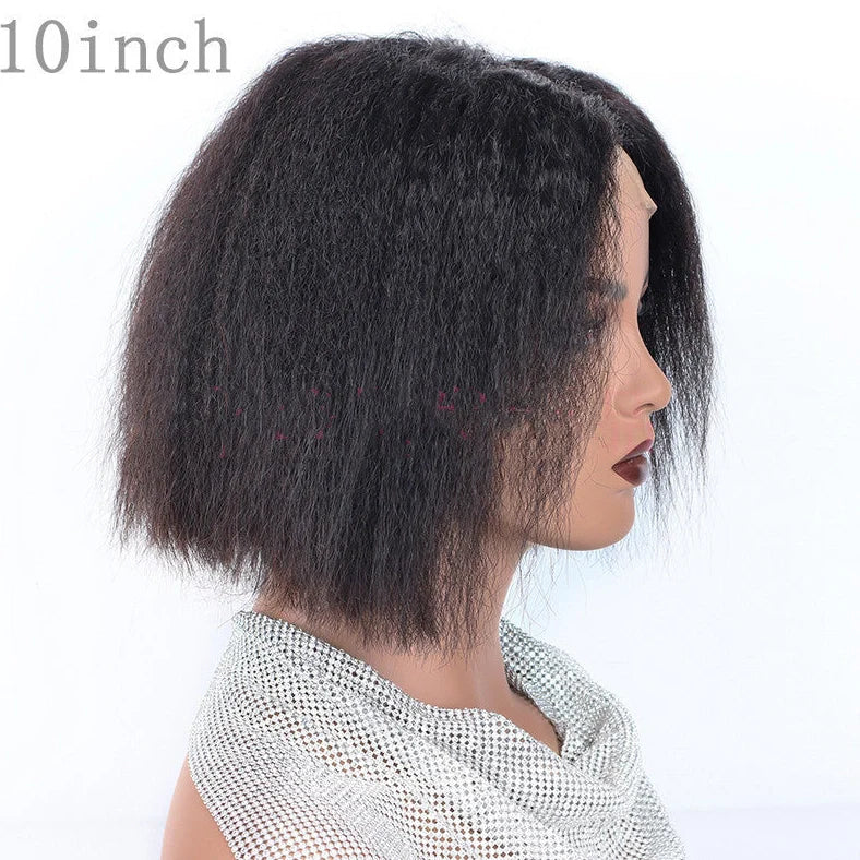 Kinky straight lace front human hair wig showing natural hairline and smooth texture