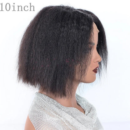 Kinky straight lace front human hair wig showing natural hairline and smooth texture