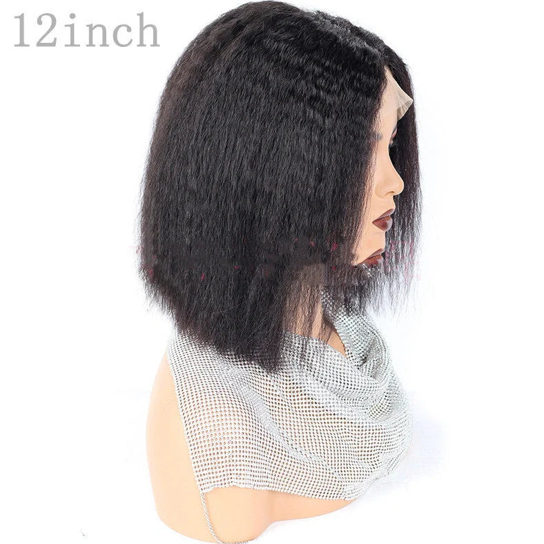 Kinky straight lace front human hair wig showing natural hairline and smooth texture