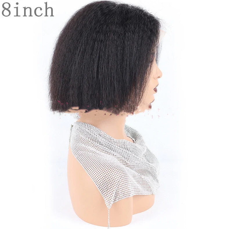 Kinky straight lace front human hair wig showing natural hairline and smooth texture