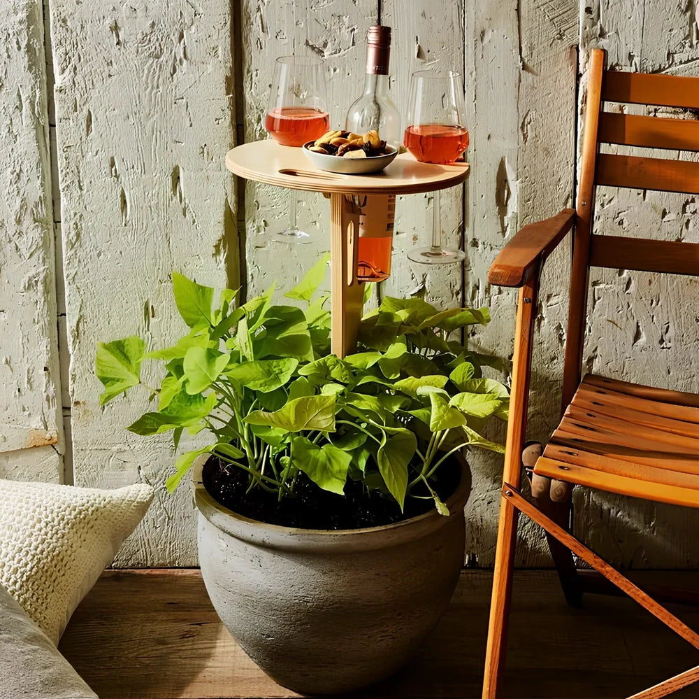 Folding wooden wine table with bottle holder, two glass slots and serving plate section