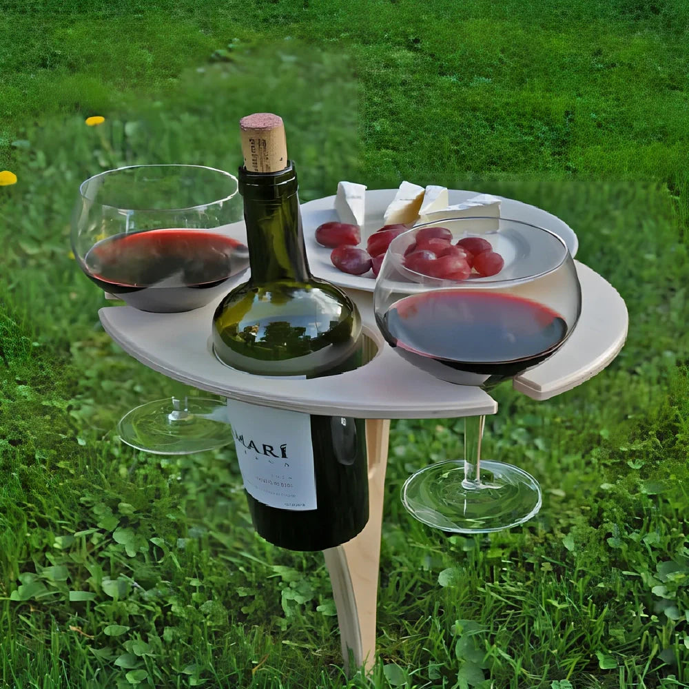 Folding wooden wine table with bottle holder, two glass slots and serving plate section