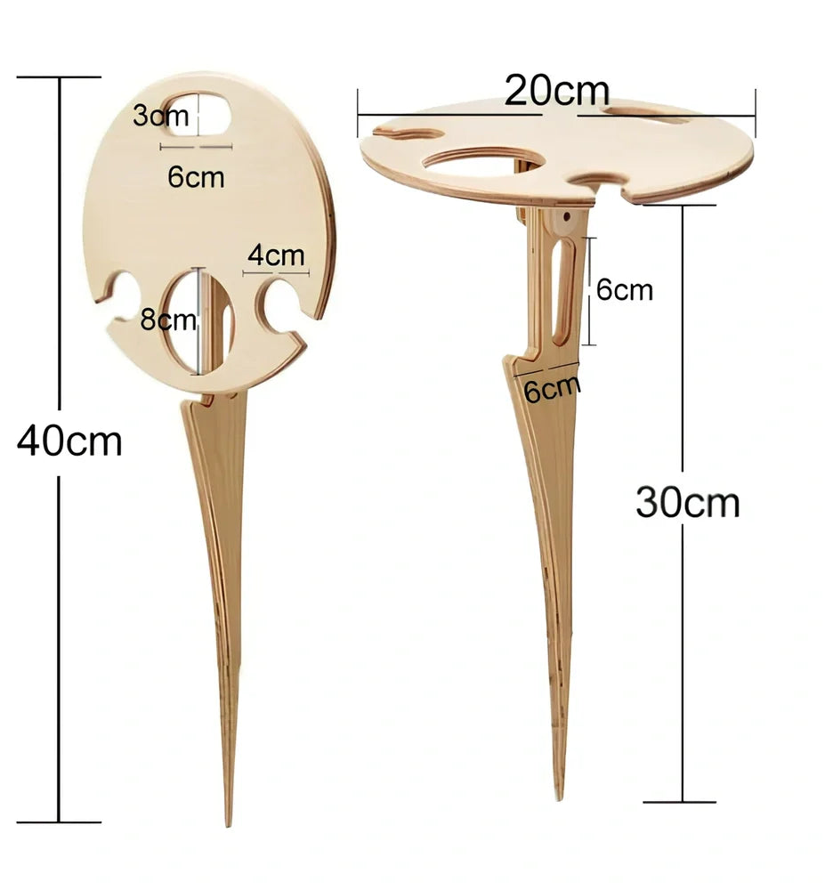 Folding wooden wine table with bottle holder, two glass slots and serving plate section