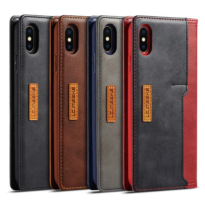 Flip wallet phone case in khaki brown showing card slots and iPhone compatibility