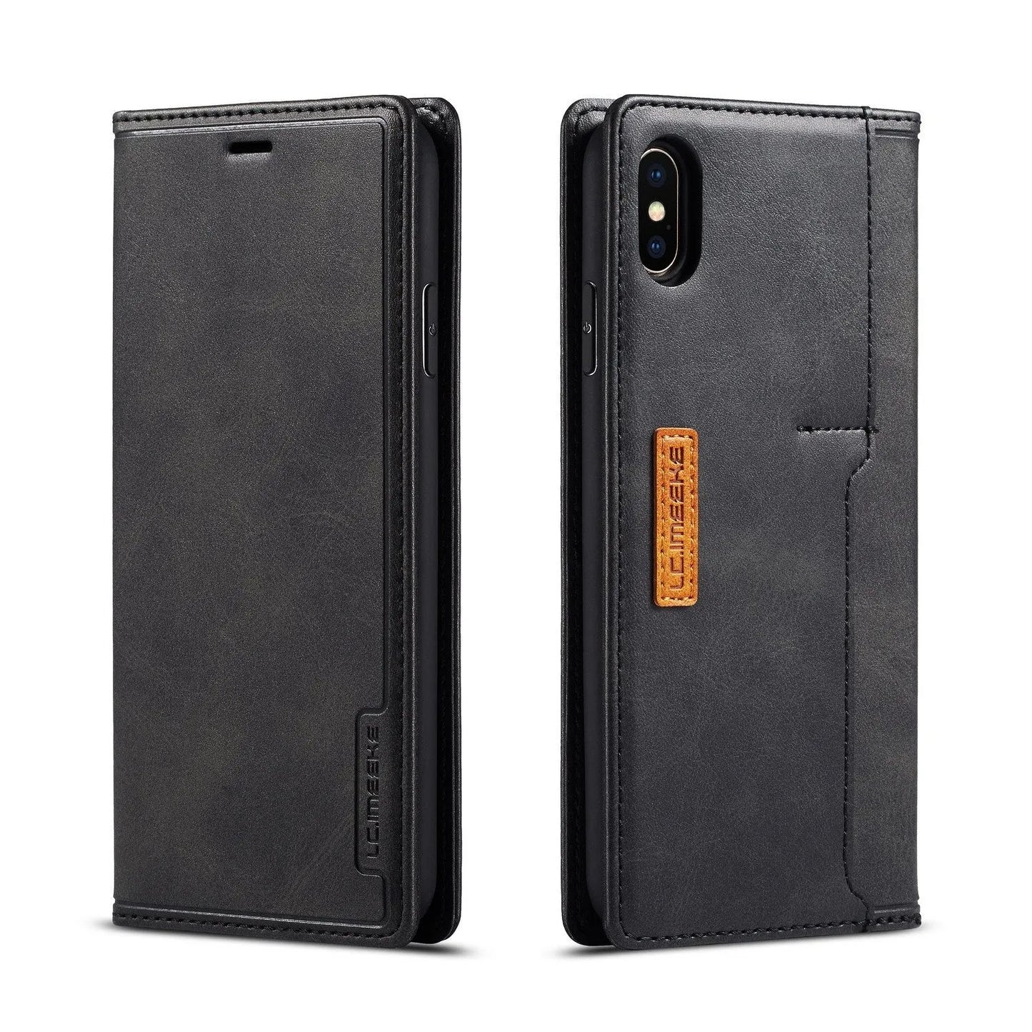 Flip wallet phone case in khaki brown showing card slots and iPhone compatibility