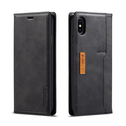 Flip wallet phone case in khaki brown showing card slots and iPhone compatibility