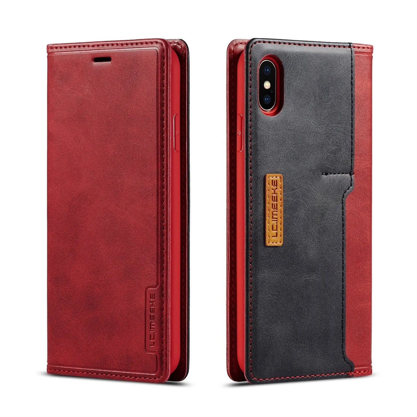 Flip wallet phone case in khaki brown showing card slots and iPhone compatibility