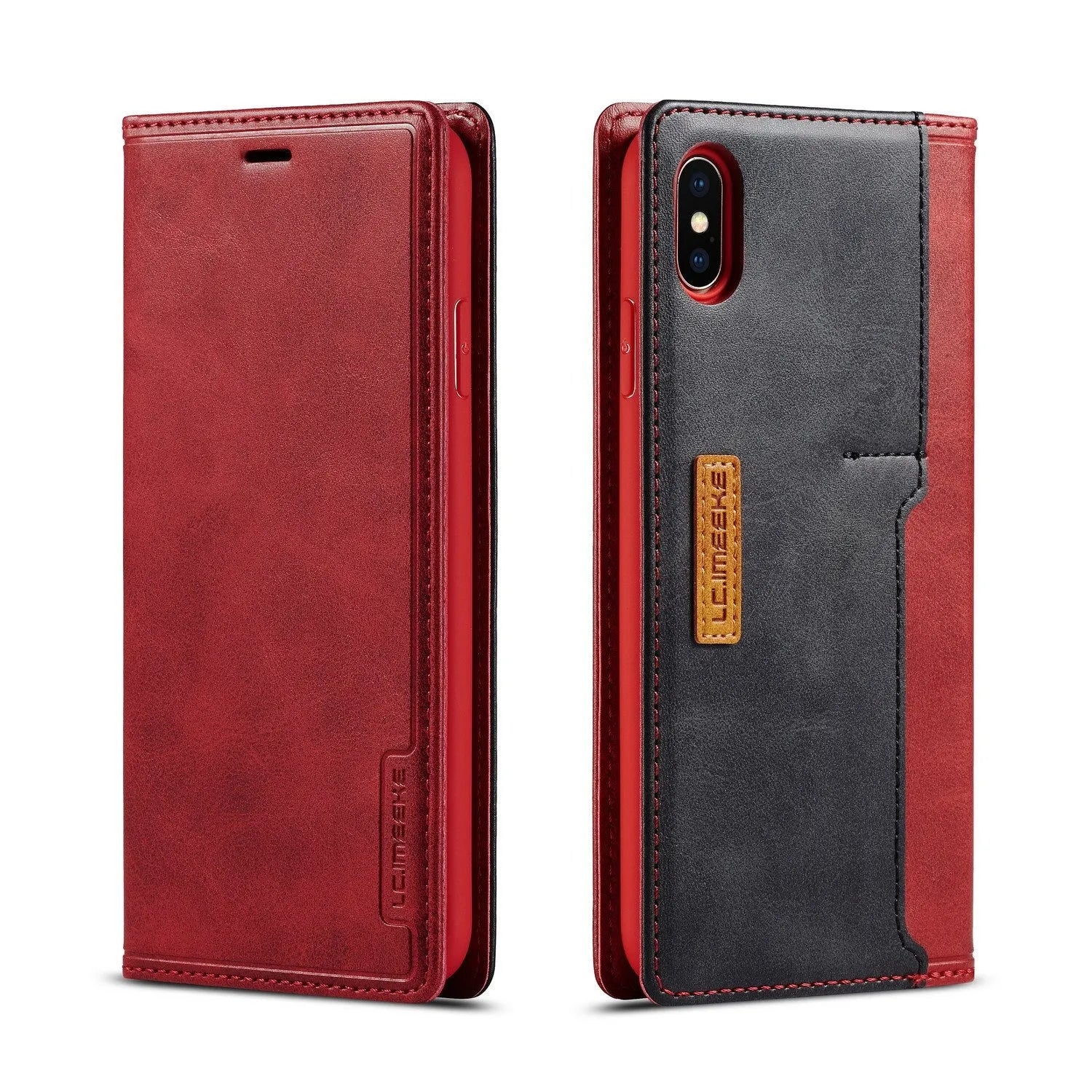 Flip wallet phone case in khaki brown showing card slots and iPhone compatibility