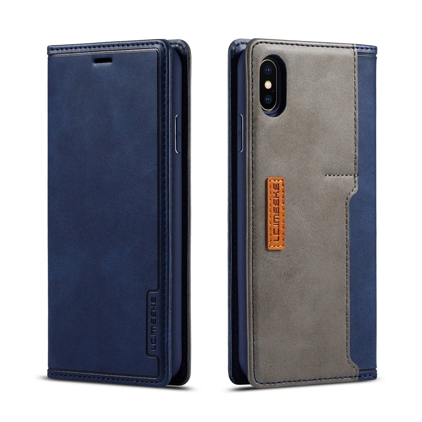 Flip wallet phone case in khaki brown showing card slots and iPhone compatibility