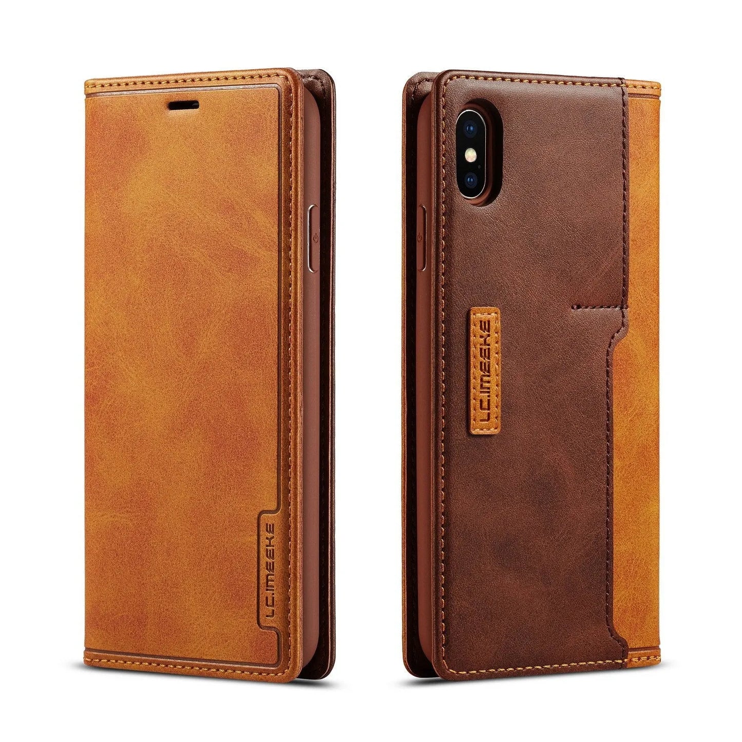 Flip wallet phone case in khaki brown showing card slots and iPhone compatibility
