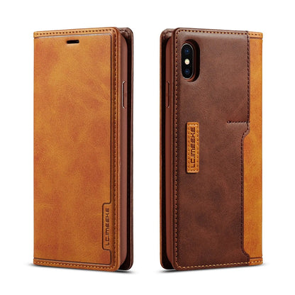 Flip wallet phone case in khaki brown showing card slots and iPhone compatibility