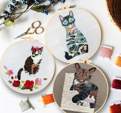 Cat embroidery kit with three-dimensional European stitching on cotton fabric with included 15cm hoop