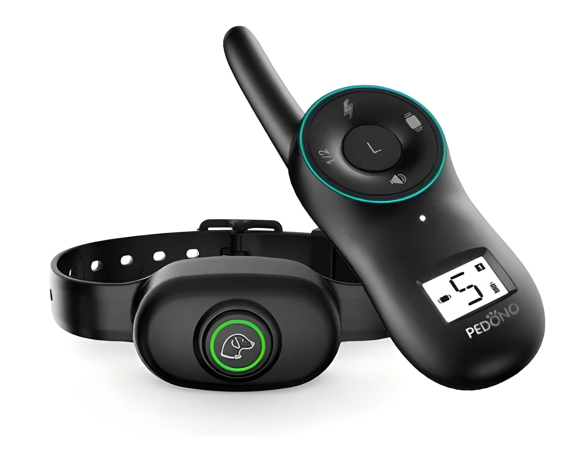 Black waterproof dog training collar with remote control showing LCD display and adjustable strap