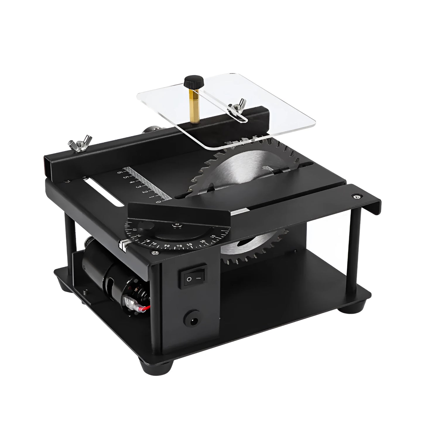 Black miniature precision table saw on a workbench with sliding table and 110mm blade.