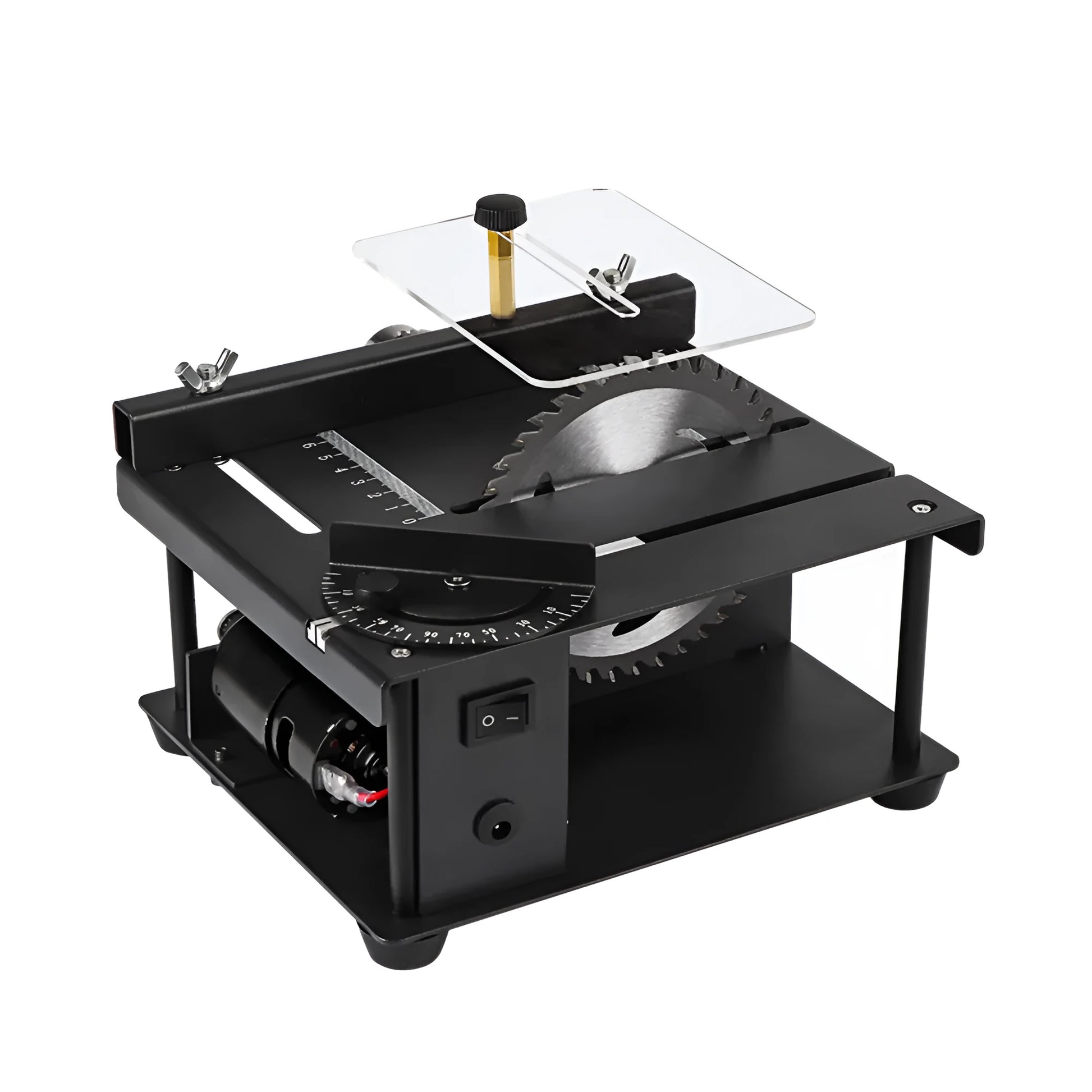 Black miniature precision table saw on a workbench with sliding table and 110mm blade.