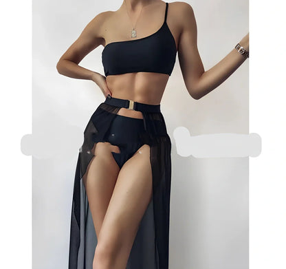 Three-piece solid colour high-waist swimsuit in black polyester, quick-drying with open back and sizes S-L for 74-105 cm fits