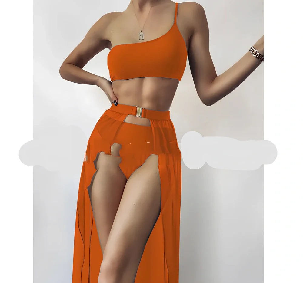 Three-piece solid colour high-waist swimsuit in black polyester, quick-drying with open back and sizes S-L for 74-105 cm fits