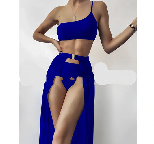 Three-piece solid colour high-waist swimsuit in black polyester, quick-drying with open back and sizes S-L for 74-105 cm fits