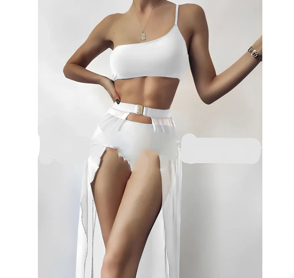 Three-piece solid colour high-waist swimsuit in black polyester, quick-drying with open back and sizes S-L for 74-105 cm fits