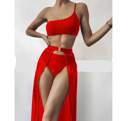 Three-piece solid colour high-waist swimsuit in black polyester, quick-drying with open back and sizes S-L for 74-105 cm fits