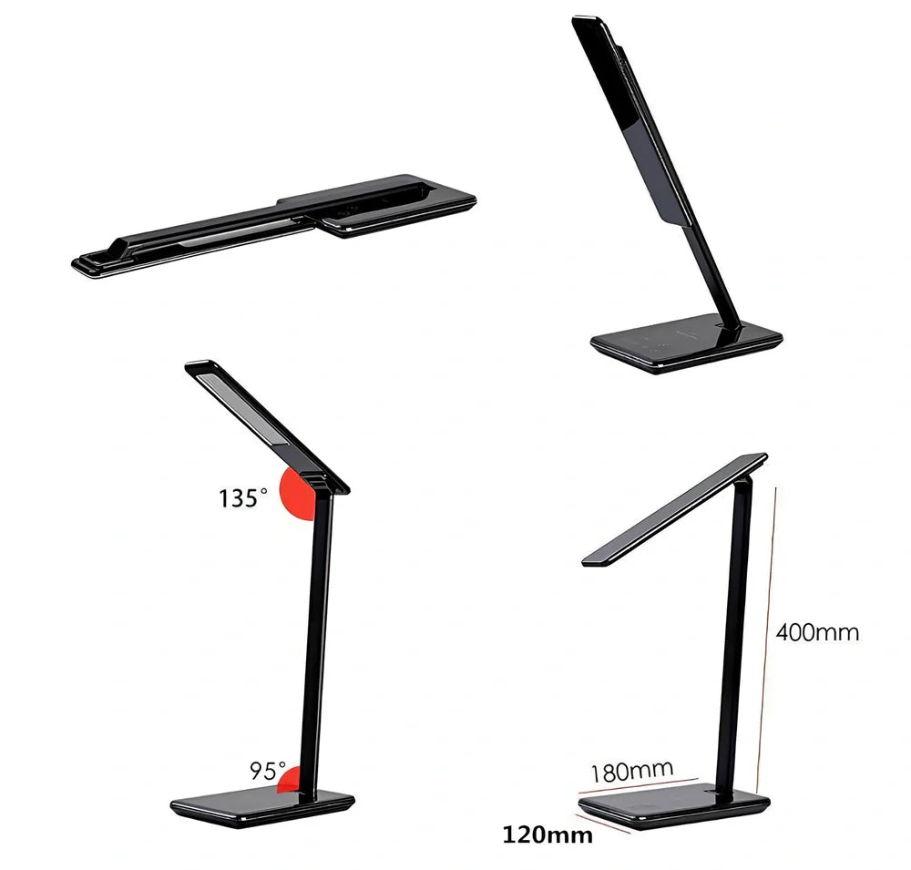 Black folding desk lamp with adjustable arm showing 18cm compact size and touch control panel