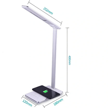 Black folding desk lamp with adjustable arm showing 18cm compact size and touch control panel