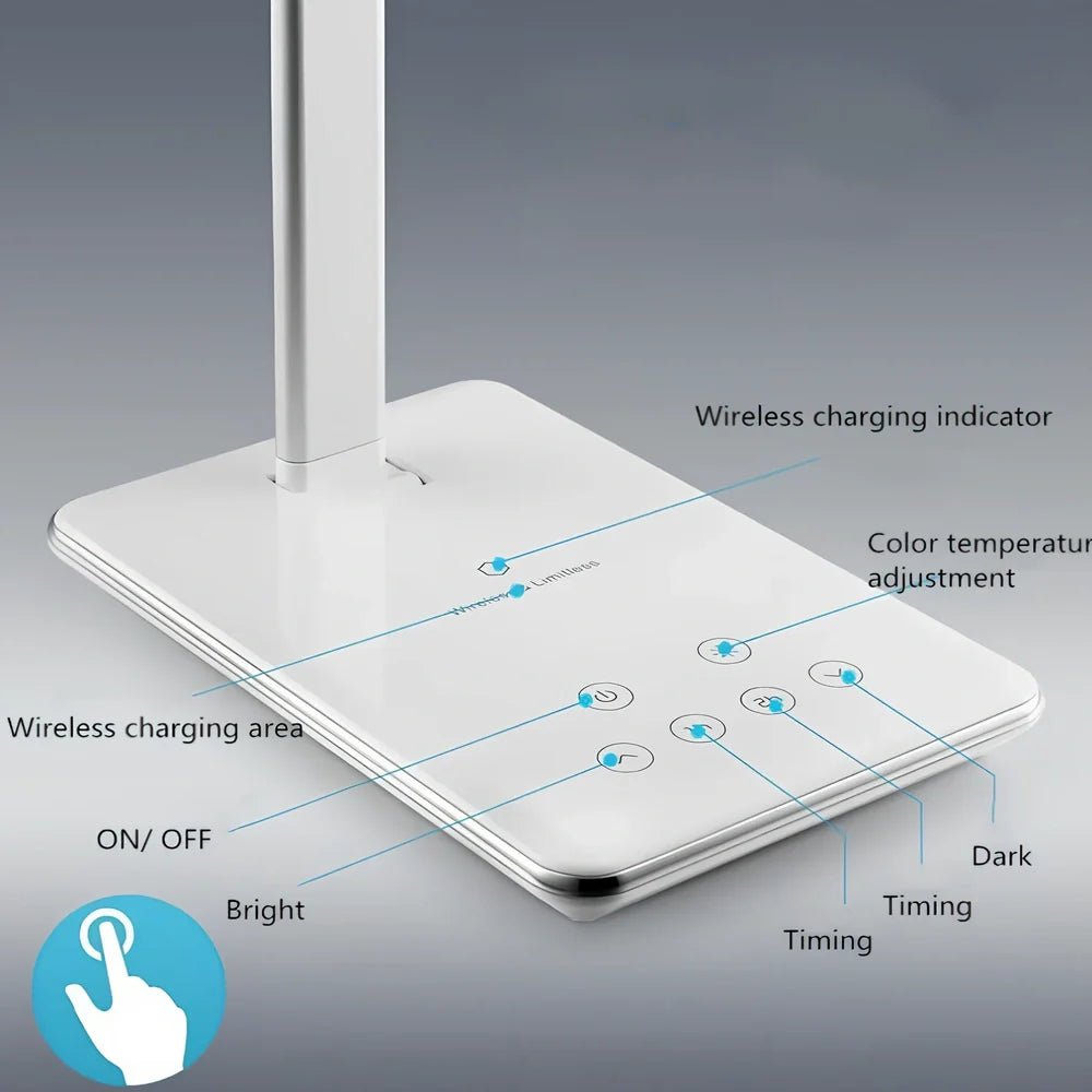 Black folding desk lamp with adjustable arm showing 18cm compact size and touch control panel