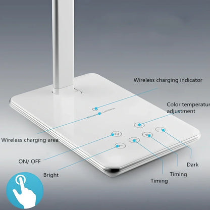 Black folding desk lamp with adjustable arm showing 18cm compact size and touch control panel