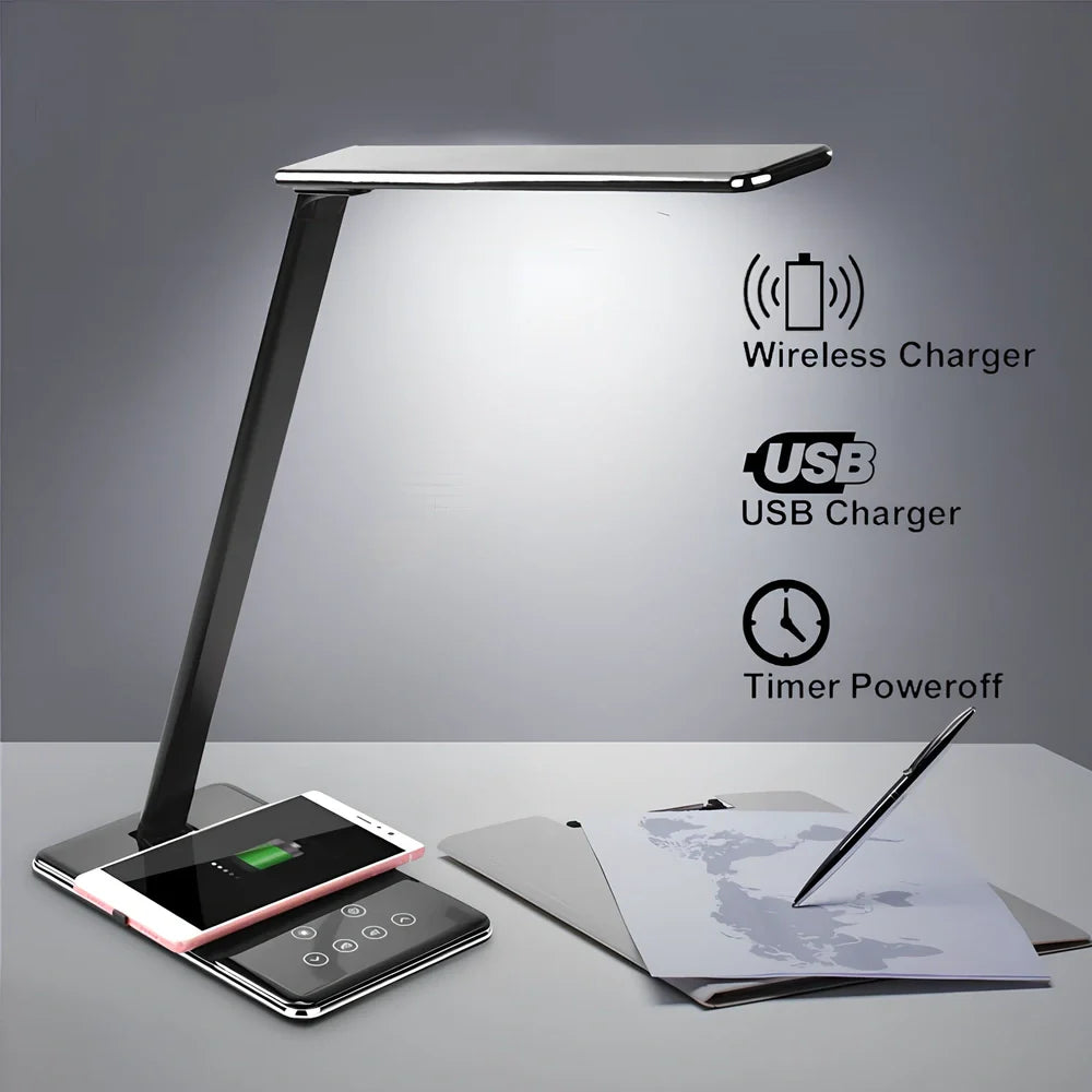 Black folding desk lamp with adjustable arm showing 18cm compact size and touch control panel