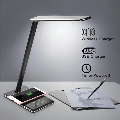 Black folding desk lamp with adjustable arm showing 18cm compact size and touch control panel