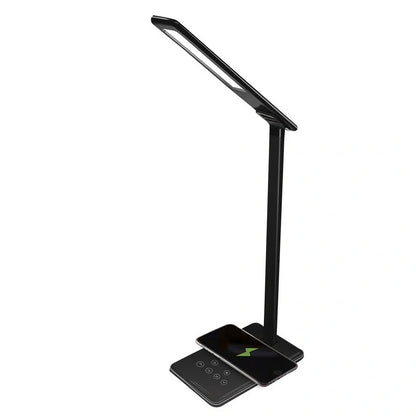 Black folding desk lamp with adjustable arm showing 18cm compact size and touch control panel