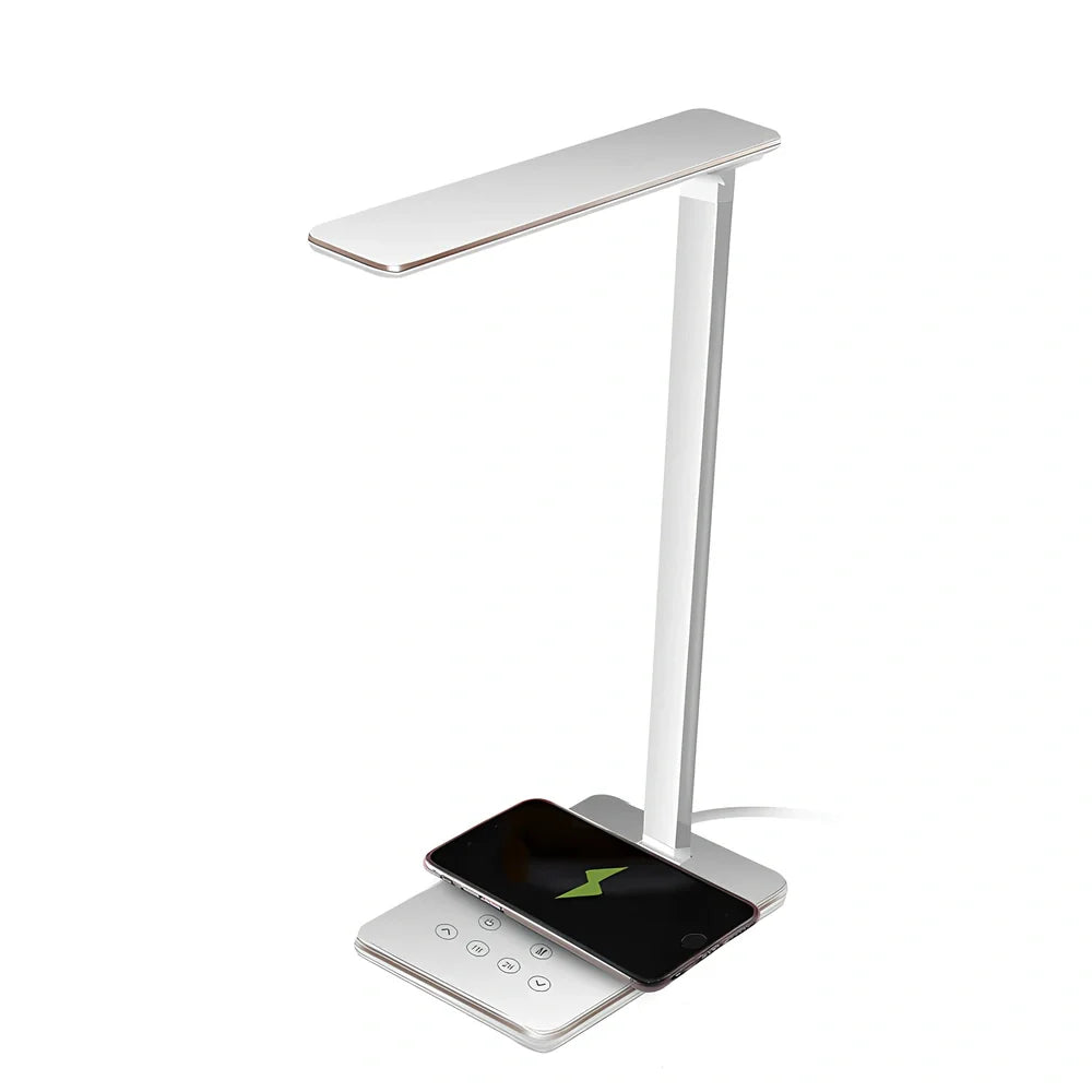 Black folding desk lamp with adjustable arm showing 18cm compact size and touch control panel