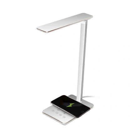 Black folding desk lamp with adjustable arm showing 18cm compact size and touch control panel