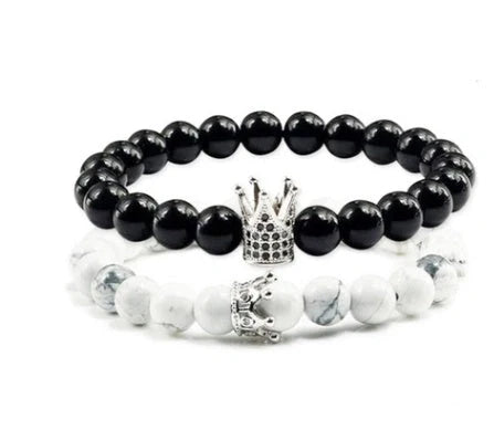 Micro inlaid zircon crown bracelet with volcanic stone and white turquoise, handmade jewellery piece