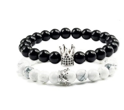 Micro inlaid zircon crown bracelet with volcanic stone and white turquoise, handmade jewellery piece