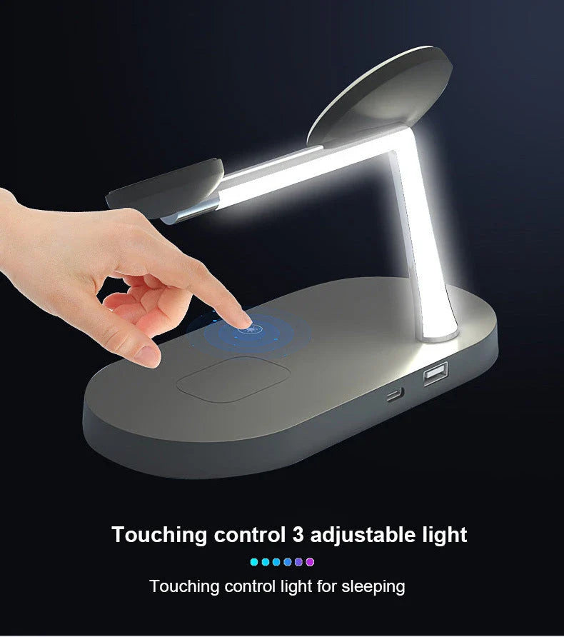 5-in-1 Magnetic Wireless Charging Hub with Desk Stand, Night Light, and Adjustable Charging for Smartphone, Smartwatch, and Wireless Earbuds
