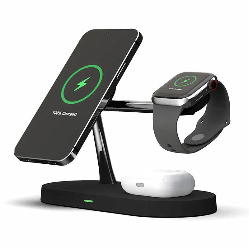 5-in-1 Magnetic Wireless Charging Hub with Desk Stand, Night Light, and Adjustable Charging for Smartphone, Smartwatch, and Wireless Earbuds