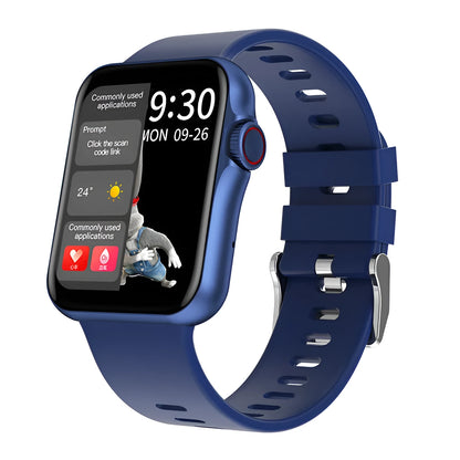 D06 smartwatch in black on wrist showing split-screen display with time and heart rate