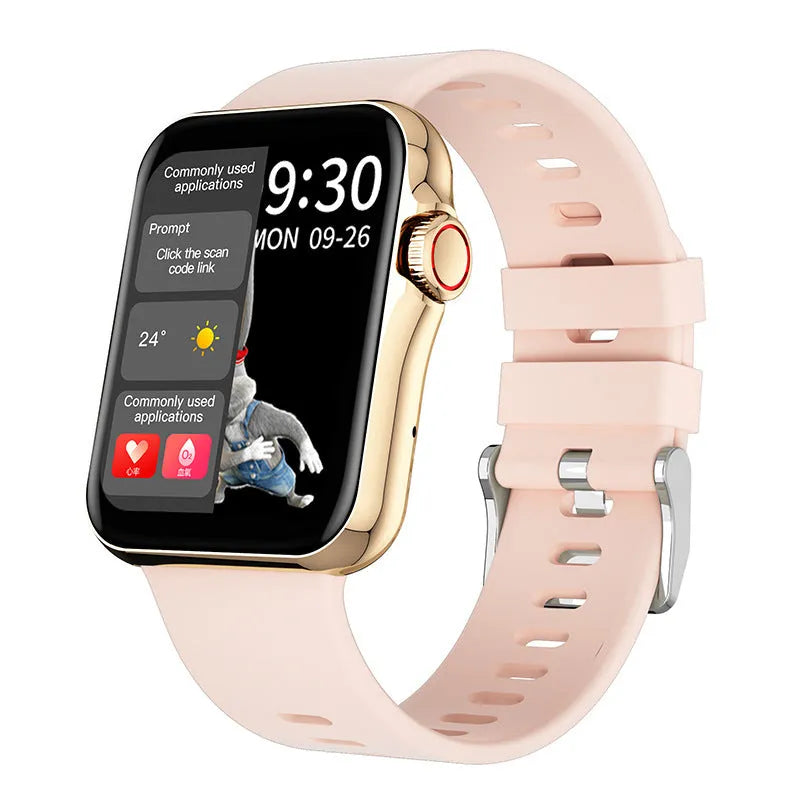 D06 smartwatch in black on wrist showing split-screen display with time and heart rate